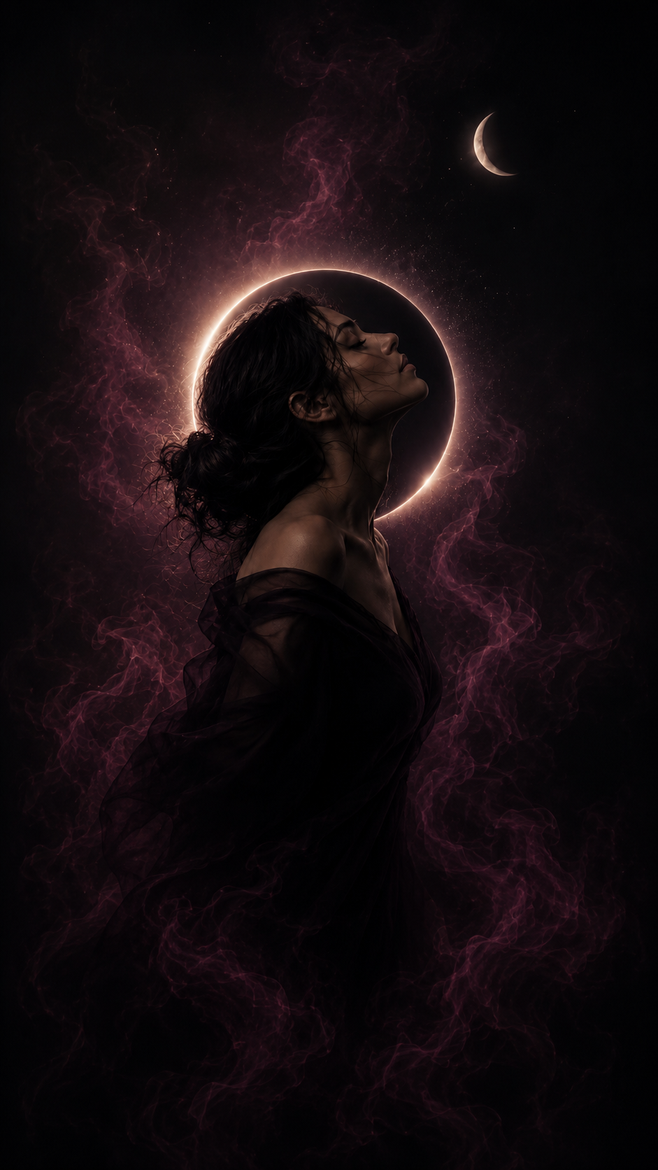 Mujer de perfil ante un eclipse como símbolo de integración de la sombra inconsciente